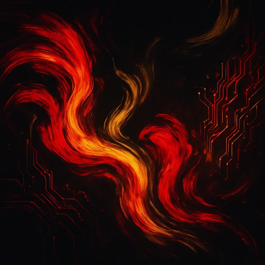 Abstract red and yellow brush strokes with circuits
